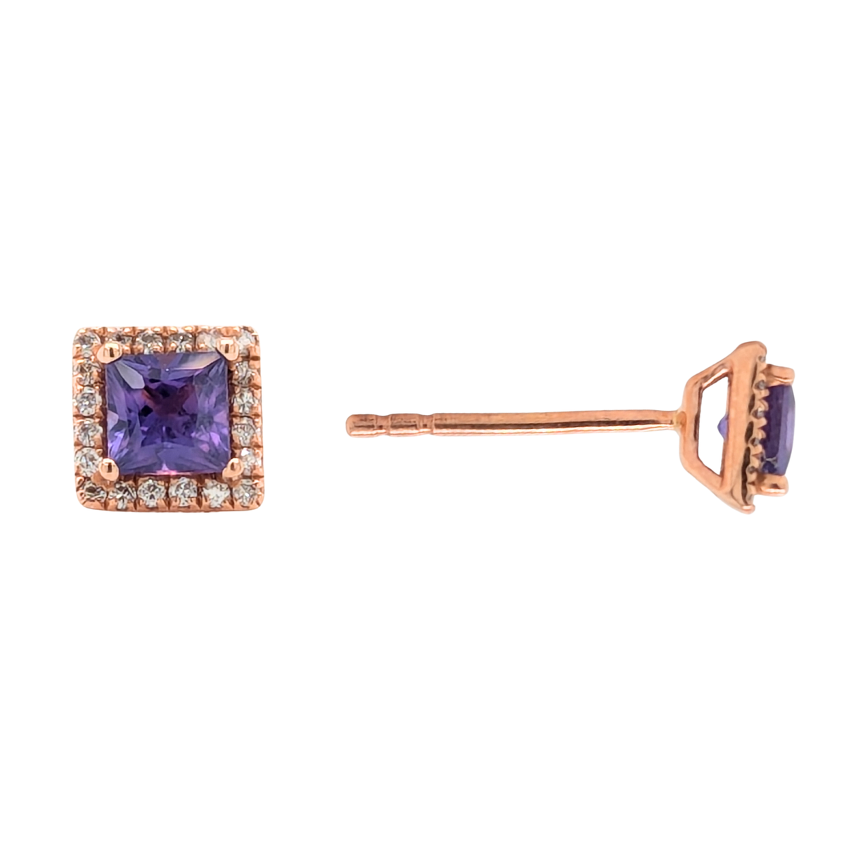 14K Rose Gold Purple Sapphire Diamond Halo Studs