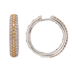 14K Gold Three Row Natural Yellow and White Diamond Hoop Earrings