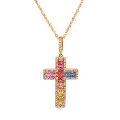 18K Gold Rainbow Sapphire Cross with Diamond Accents