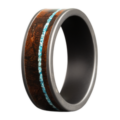 Men's Black Ceramic Ironwood Inlay Ring with Crushed Turquoise - Size 10