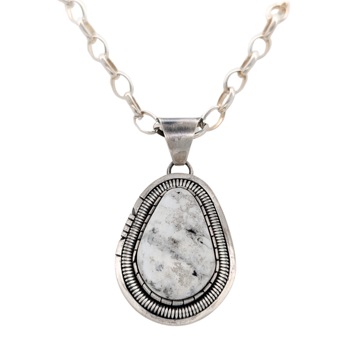 Sterling Silver White Buffalo Turquoise Necklace with Oval Link Chain