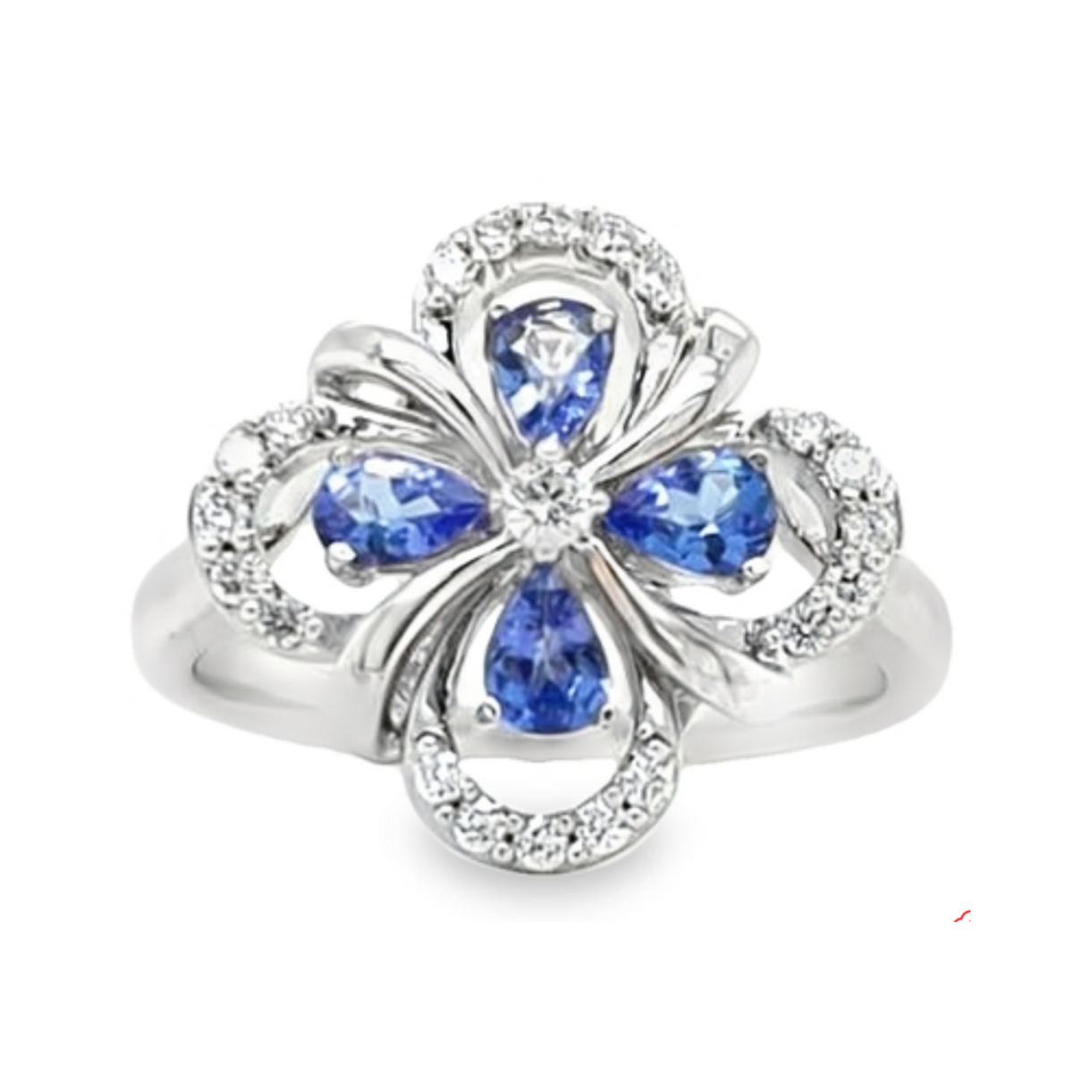 14K White Gold Pear Shape Tanzanite and Diamond Floral Inspired Ring