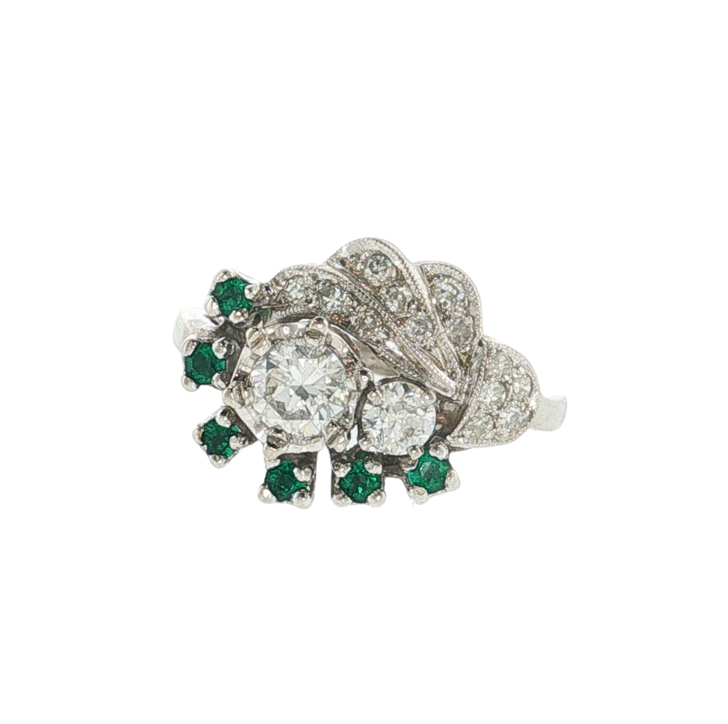 14KW VINTAGE COCKTAIL DIA .52CTW EMERALD .03CTW RING