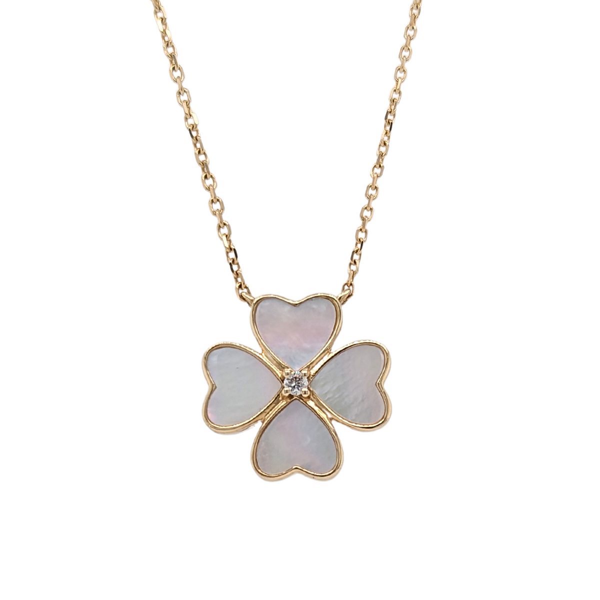 14K Yellow Gold Mother of Pearl and Diamond Clover Necklace