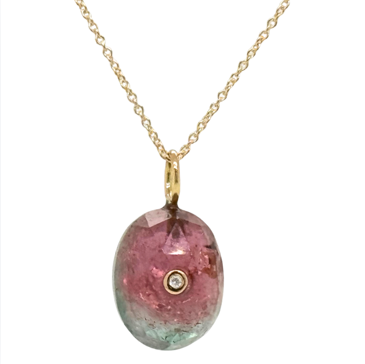 14kt Yellow Gold Faceted Watermelon Tourmaline Diamond Pendant with Adjustable Chain 16-18in
