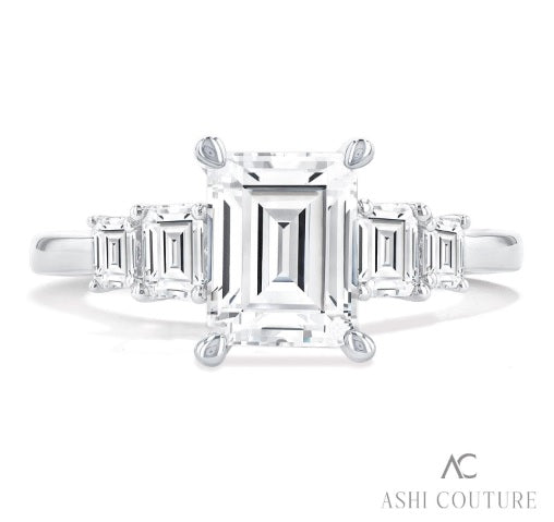14K White Gold Five Stone Emerald Cut Diamond Semi-Mount Engagement Ring