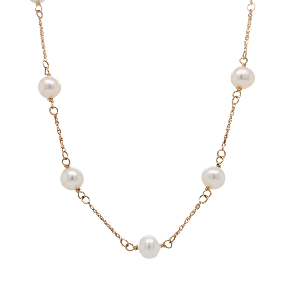 Estate: 14K Yellow Gold Pearl Station Necklace 24"