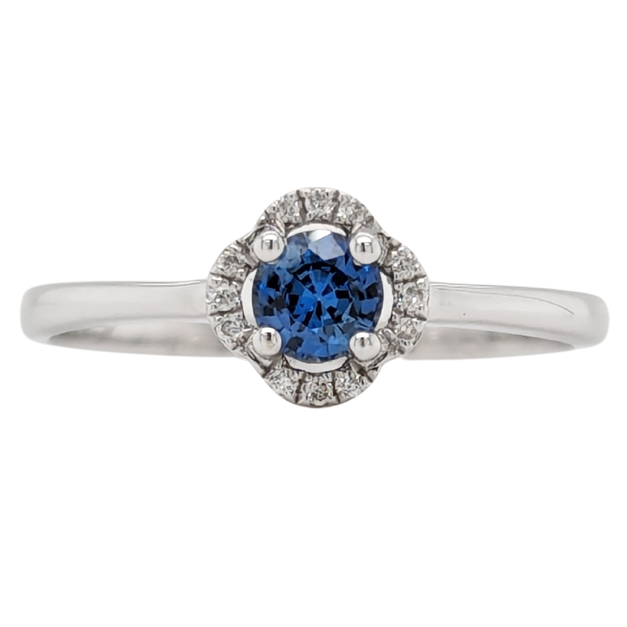 14K 1/4CT Round Blue Sapphire Clover Diamond Halo Ring