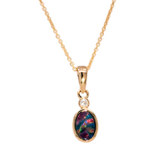 14K Yellow Gold Oval Australian Opal Doublet Oval Petite Necklace with Diamonds