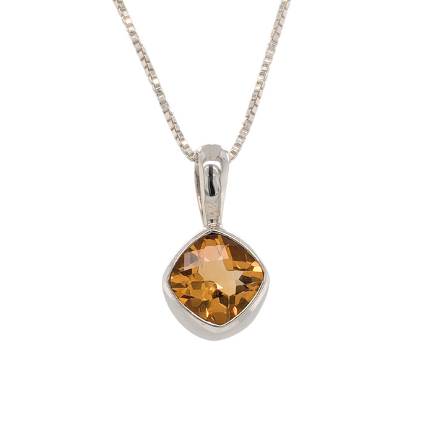 Sterling Silver Cushion Cut Citrine Gemstone Necklace.