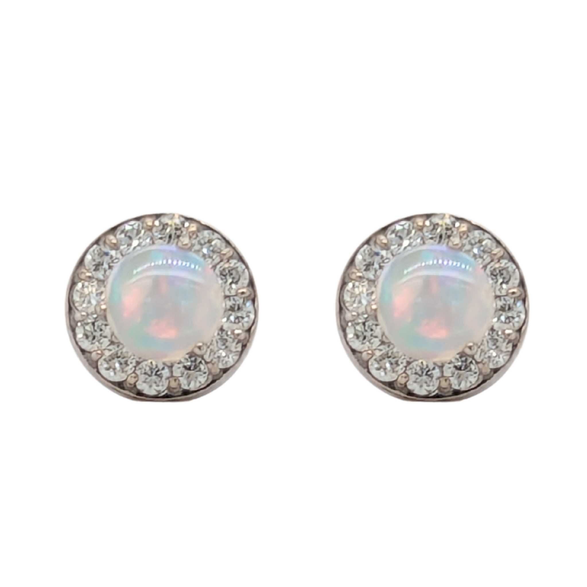 14K White Gold Opal Diamond Halo Birthstone Earrings