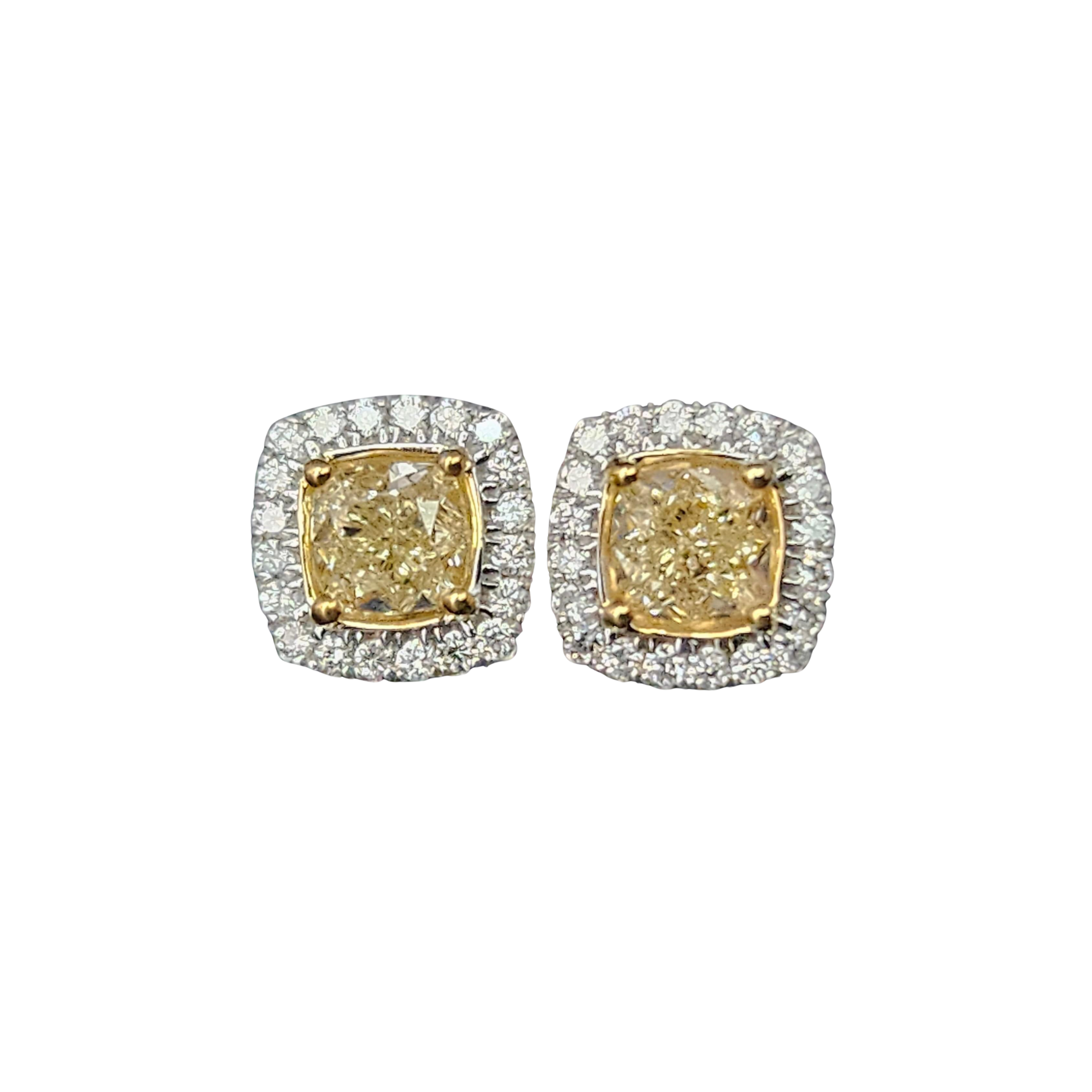 14K Two Tone Natural Yellow Cushion Halo Stud Earrings 1/2CTW
