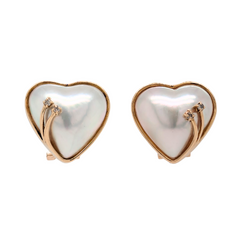 Estate: 14K Yellow Mabe Heart Pearl Earrings with Diamonds