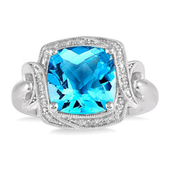 Sterling Silver 10MM Cushion Blue Topaz Ring