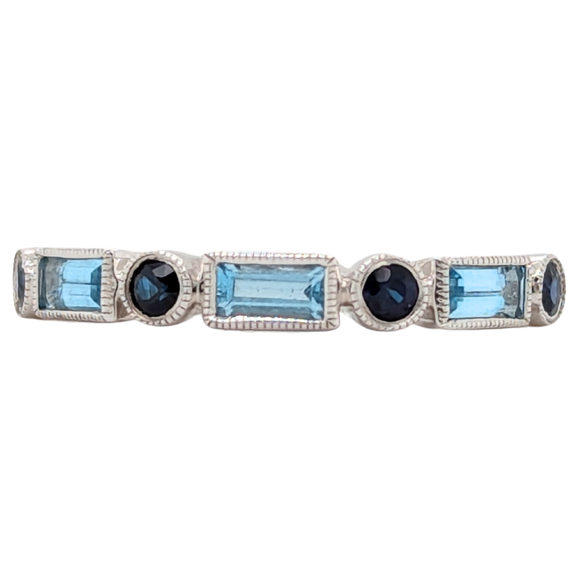 14K White Gold Blue Topaz and Sapphire Milgrain Stackable Ring