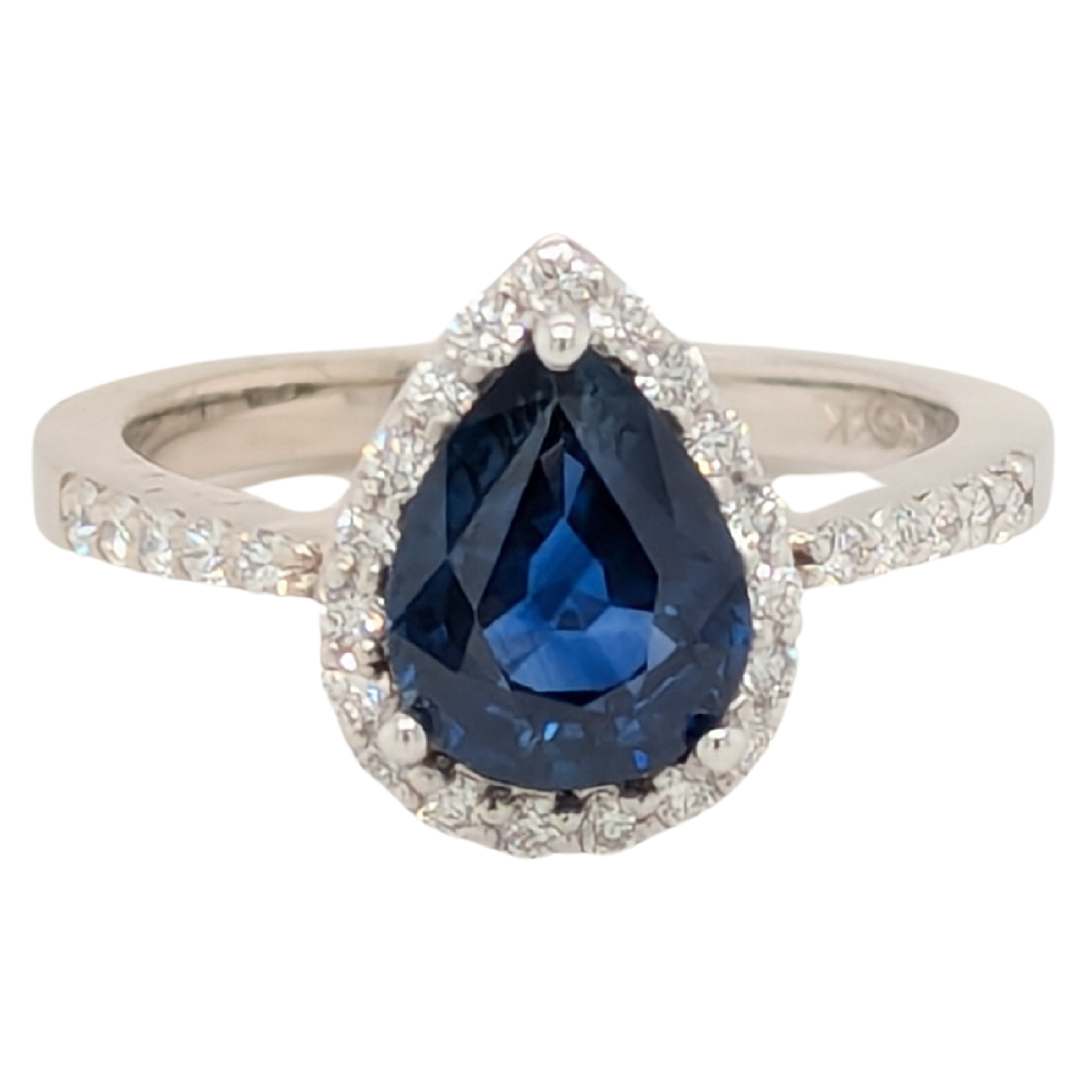 18K White Gold Pear Shape Blue Sapphire Halo Ring