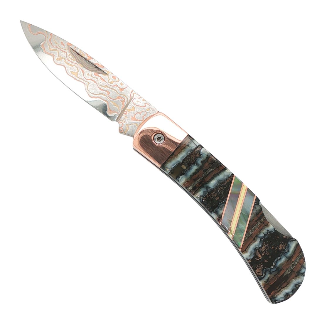 Copper & Brass Damascus Natural Mammoth Tooth Pocket Knife
