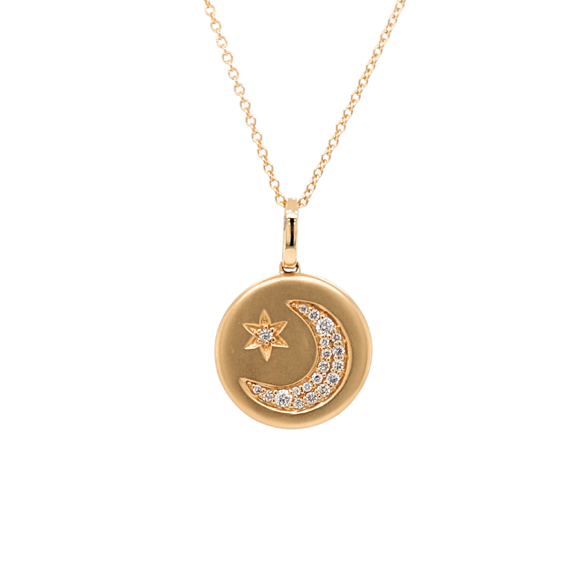 18K Yellow Gold Moon & Star Disc Necklace
