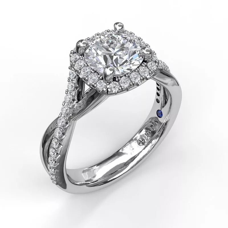14K White Gold Round Brilliant Cushion Halo Twisted Engagement Ring