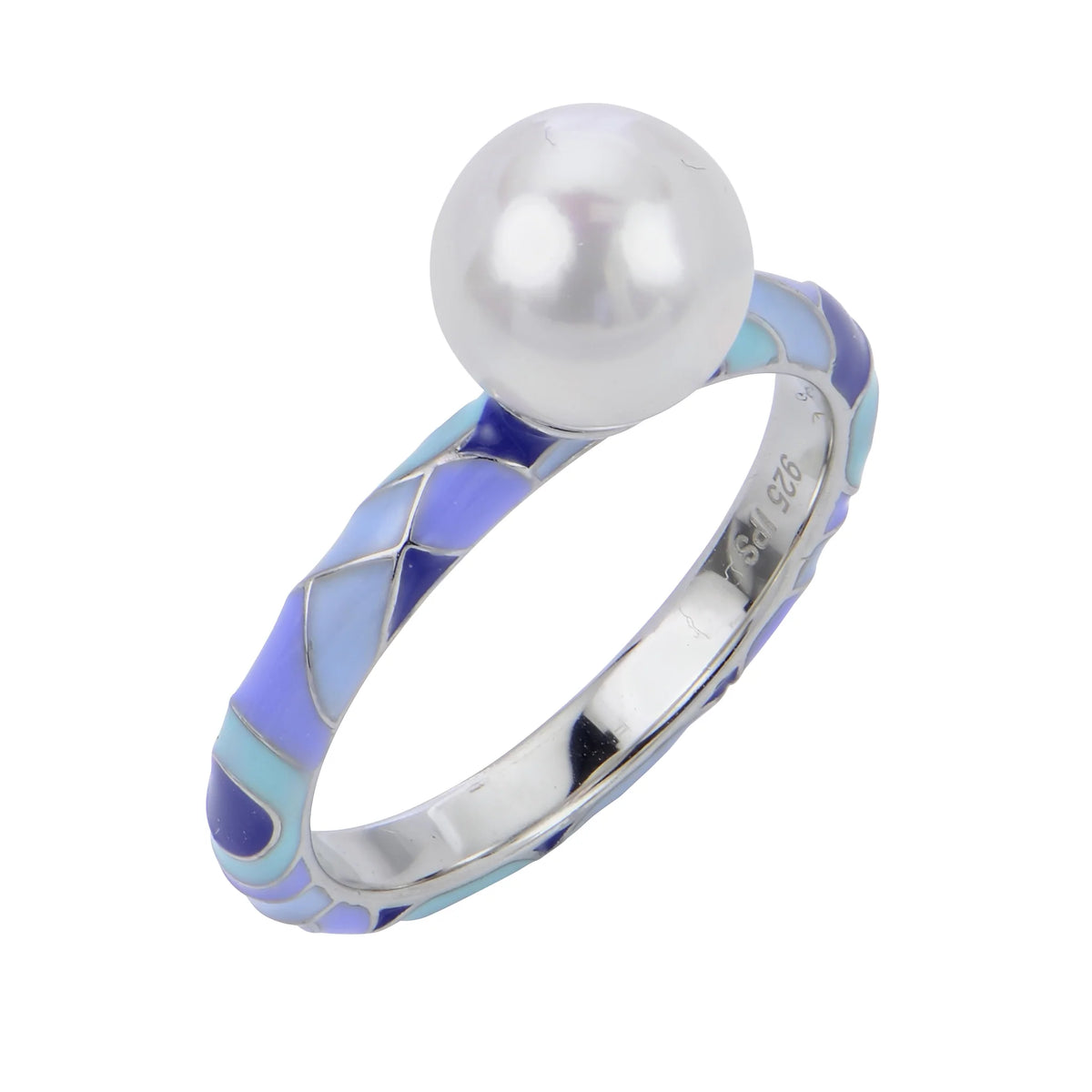 Sterling Silver Pearl and Epoxy Moasic Ring- Size 7