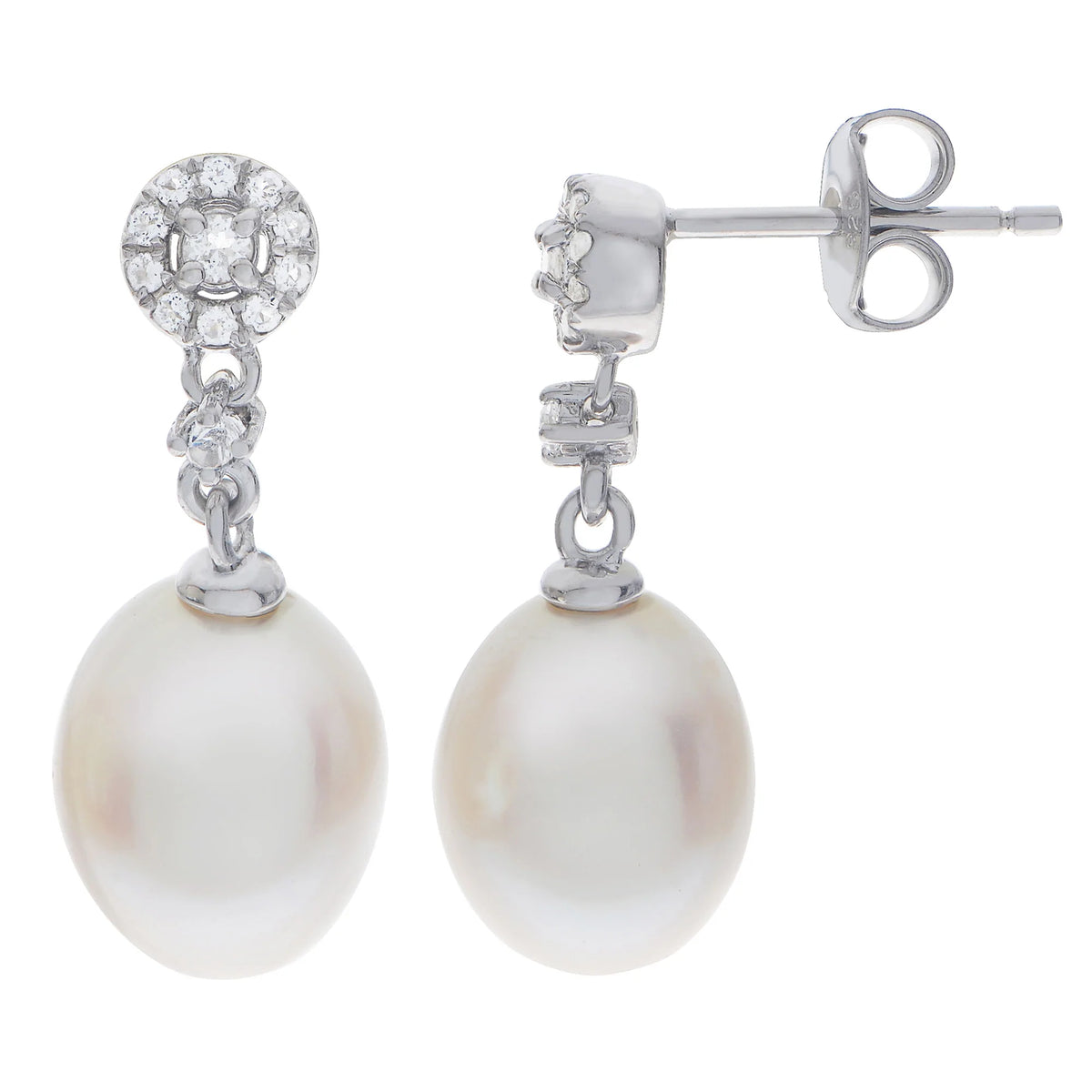 Sterling Silver White Topaz & Pearl Post Dangle Earrings