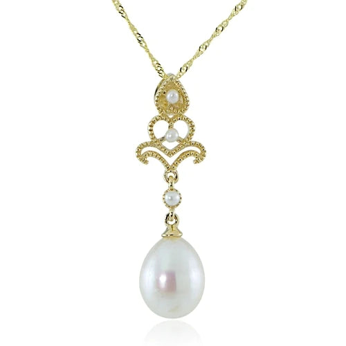 14K Yellow Gold Filigree Seed Pearl and Fresh Water Pearl Necklace