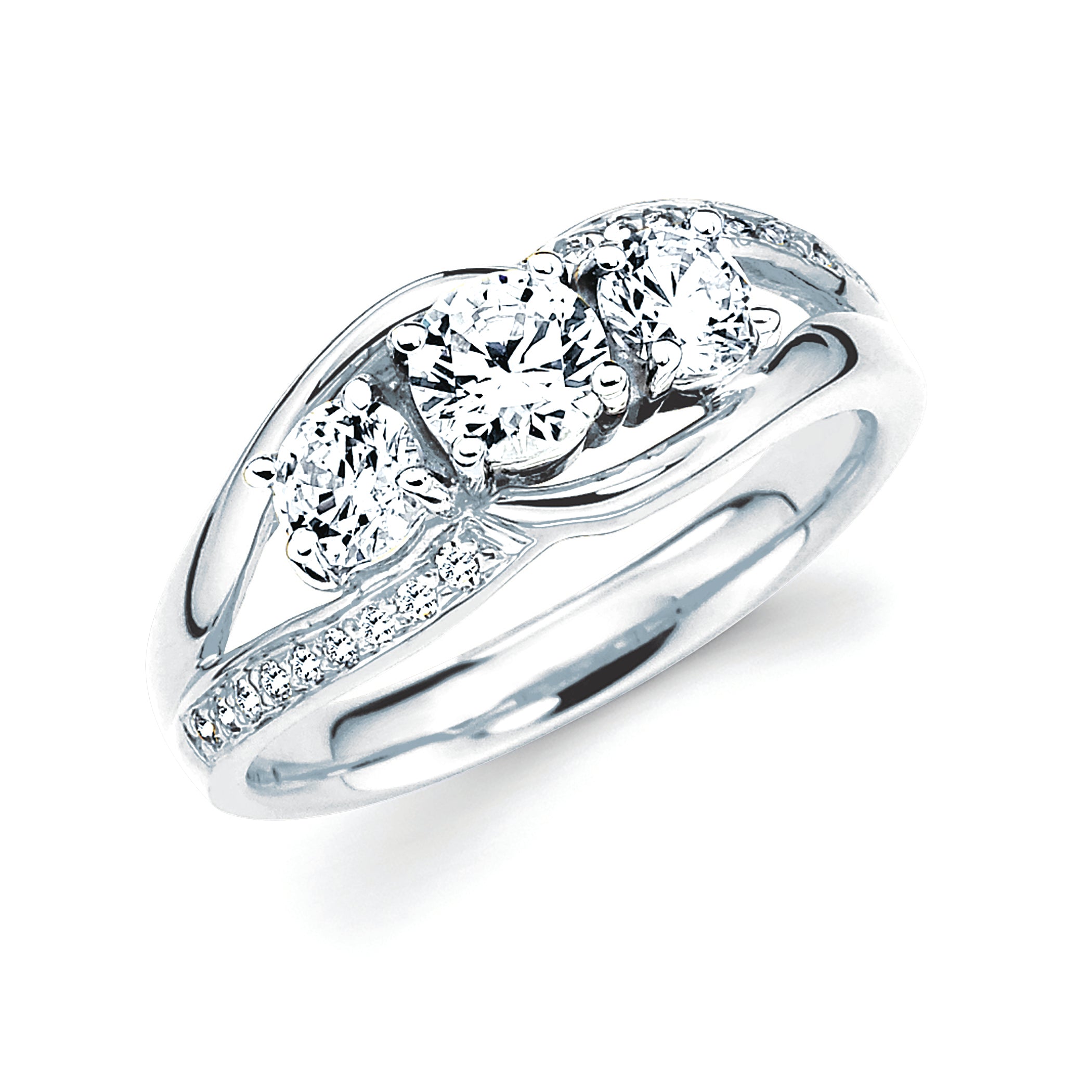 14K 3 Stone Engagement Ring with Split Shank Design and Diamond Melee