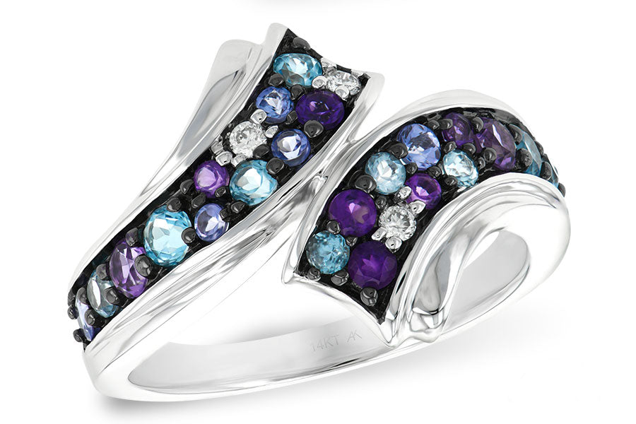 14KT White Gold Amethyst and Blue Topaz Bypass Ring