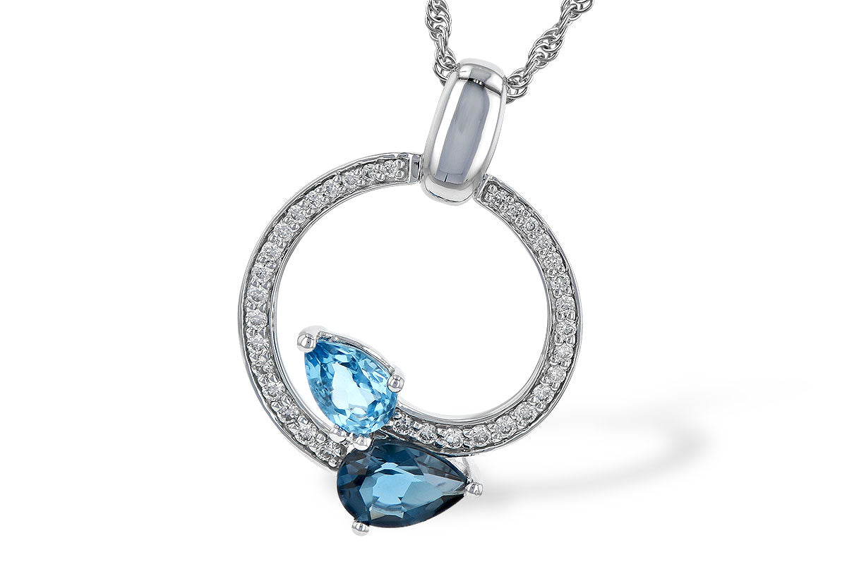 14K White Gold Blue Topaz & Diamond Circle Pendant