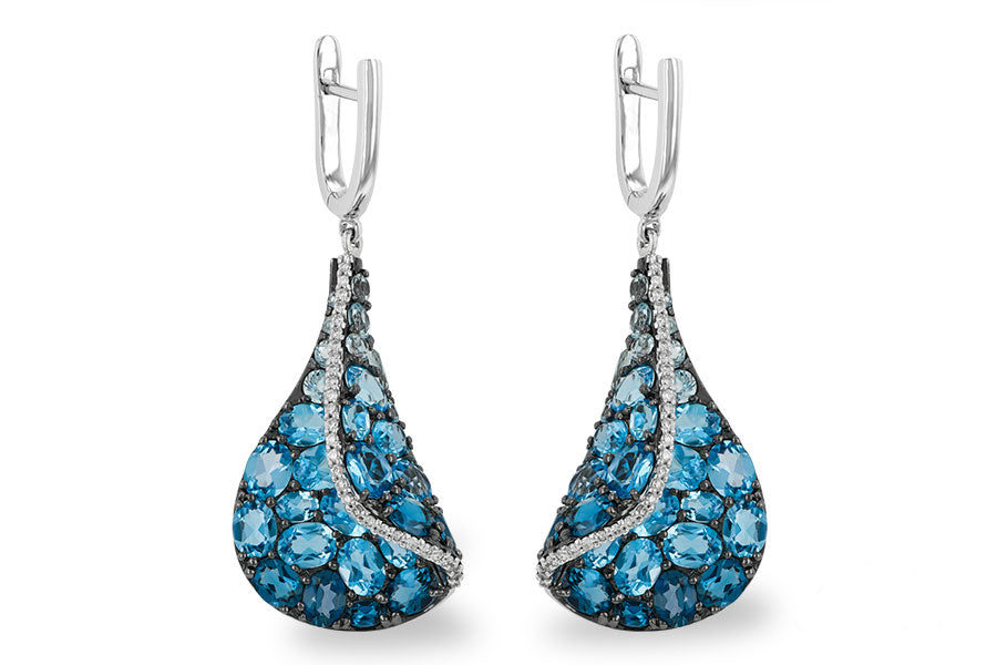 14KT White Gold Stained Glass Blue Topaz Dangle Earrings