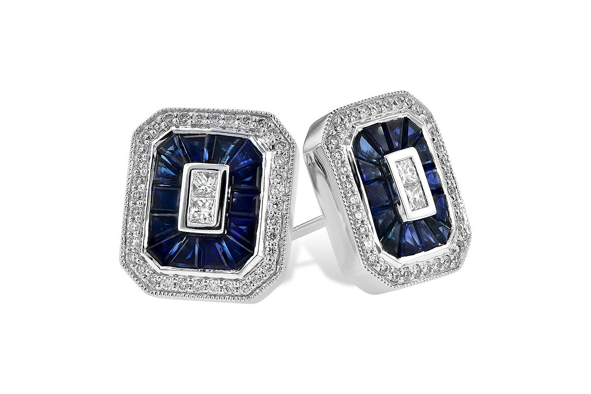 14K White Gold Art Deco Inspired Diamond & Sapphire Earrings