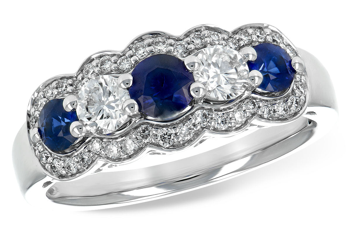 14K White Gold Sapphire & Diamond 5 Stone Diamond Halo Ring
