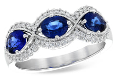 14KT Gold Three Stone Blue Sapphire Ring with Diamonds