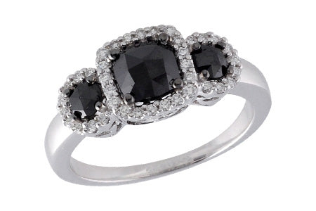 14KT Gold Rose Cut Black Diamond Ring with White Diamond Halo