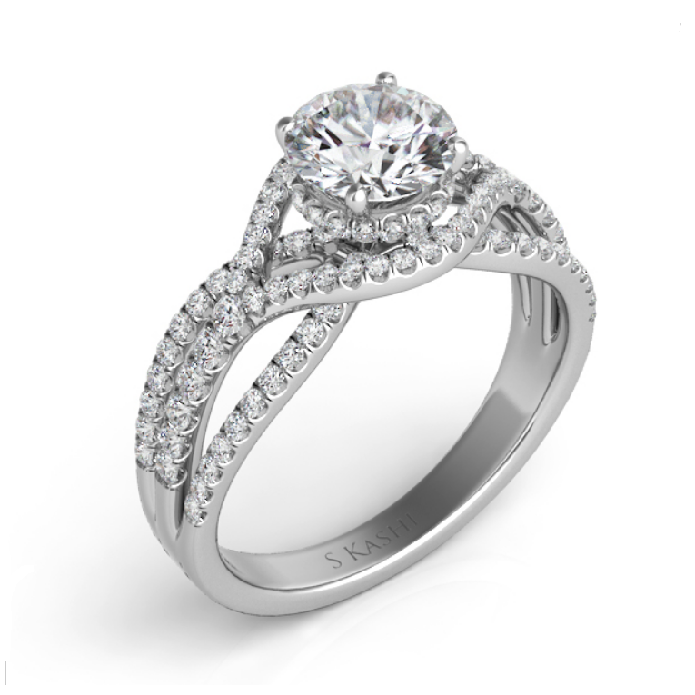14K White Gold Round Brilliant Diamond Crossover Engagement Ring (Semi-Mount)