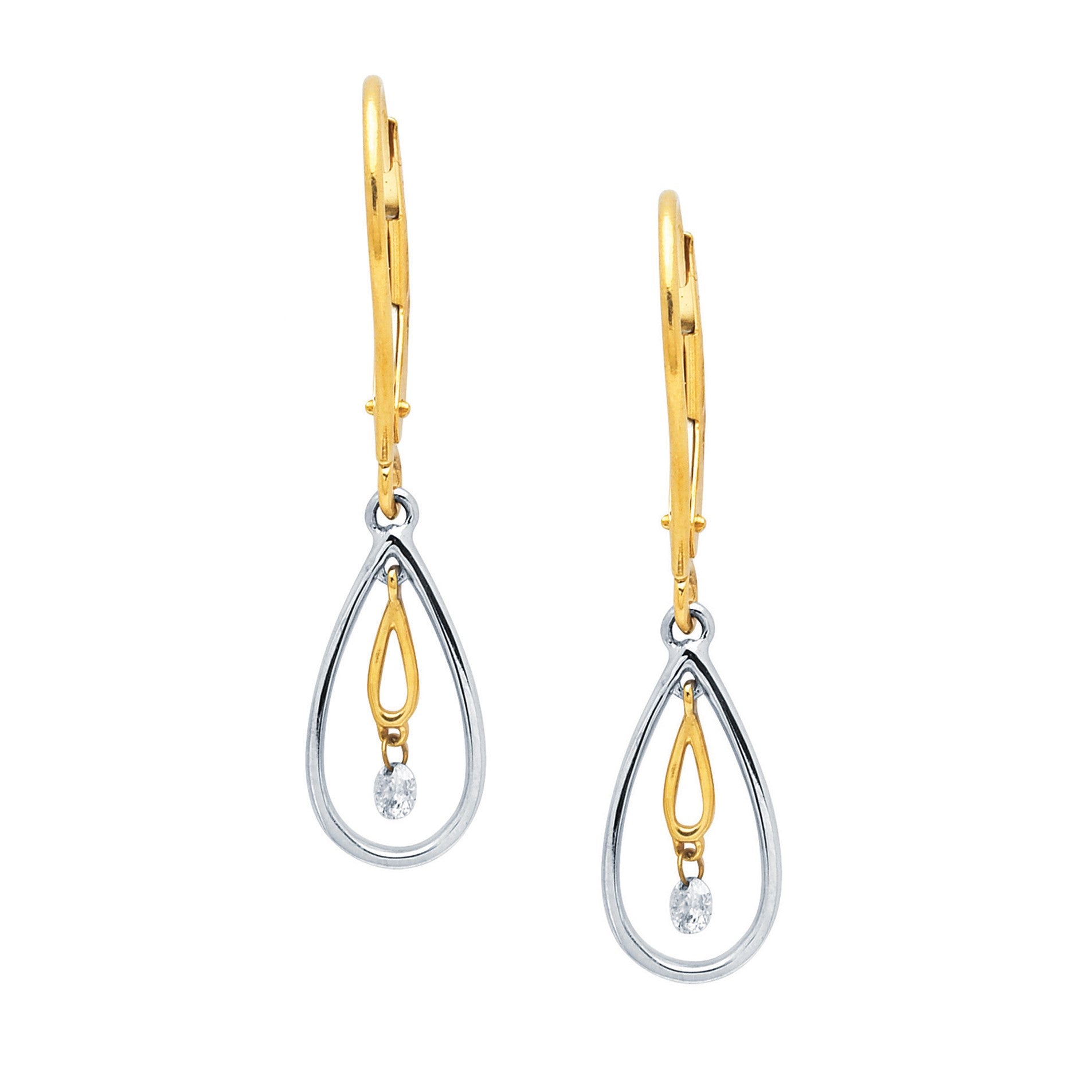 14K Two-Tone Diamond Leverback Dangle Earrings