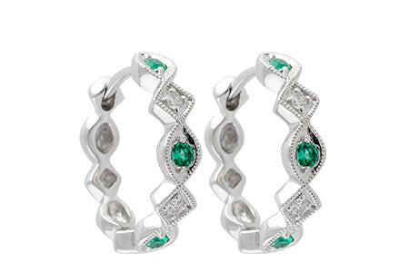 14KT White Gold Emerald & Diamond Hoops