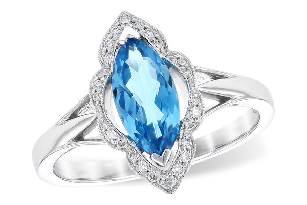 14K Gold Marquise Blue Topaz Ring with Vintage Halo