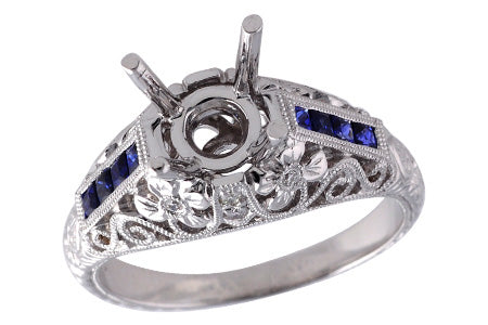 Vintage Inspired Blue Sapphire Accented Engagement Ring in 14K