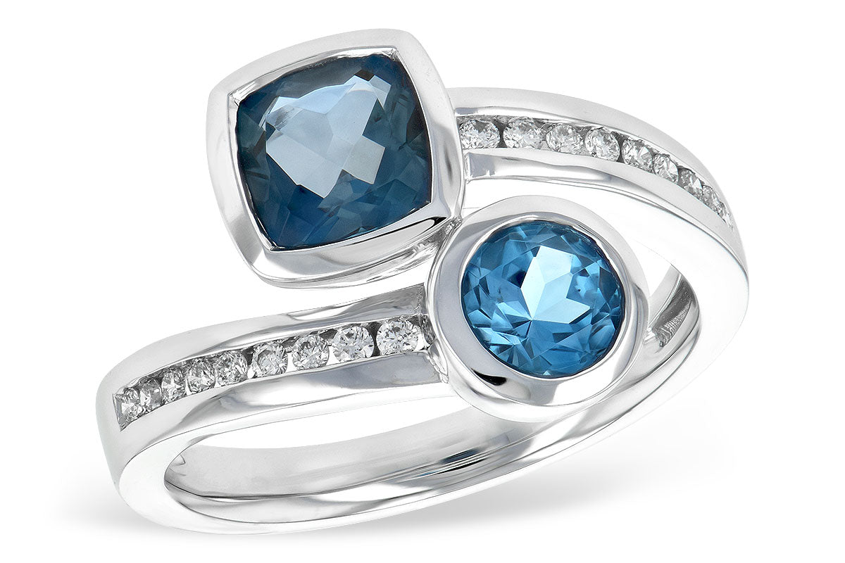 14K White Bypass Ring with Diamonds & Blue Topaz