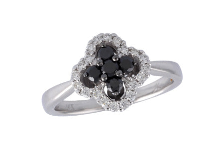 14K White Gold Black Diamond Halo Fashion Ring