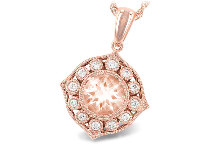 14KT Rose Gold Round Morganite Necklace with Diamond Accented Halo