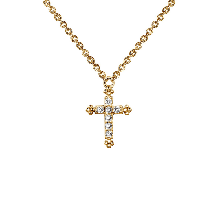 SS Y/G Plate Sim Dia Small Dia Cross Necklace