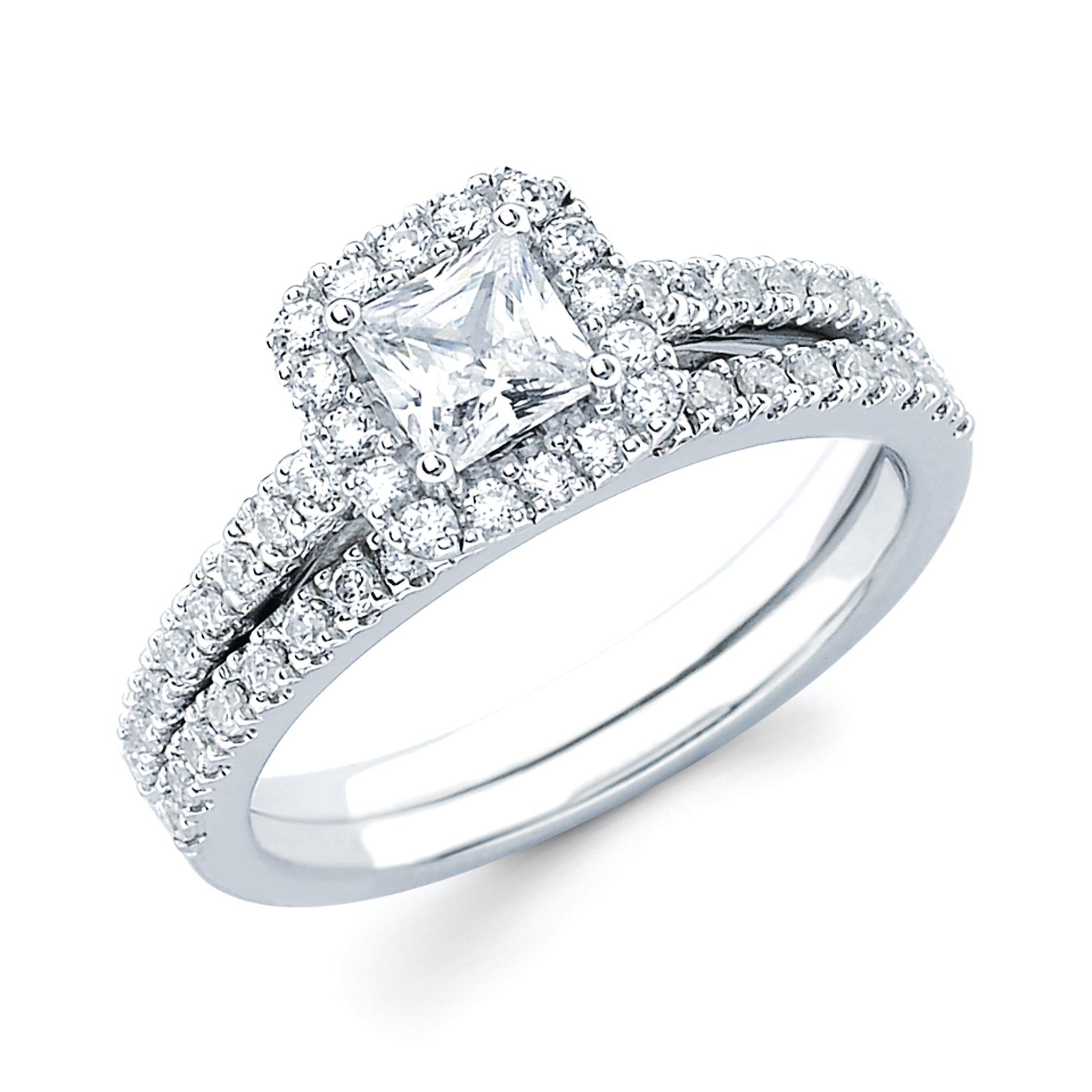 Halo Bridal: 1/3 Ctw. Diamond Halo Semi Mount available for 1/2 Ct. Princess Cut Center Diamond in 14K Gold