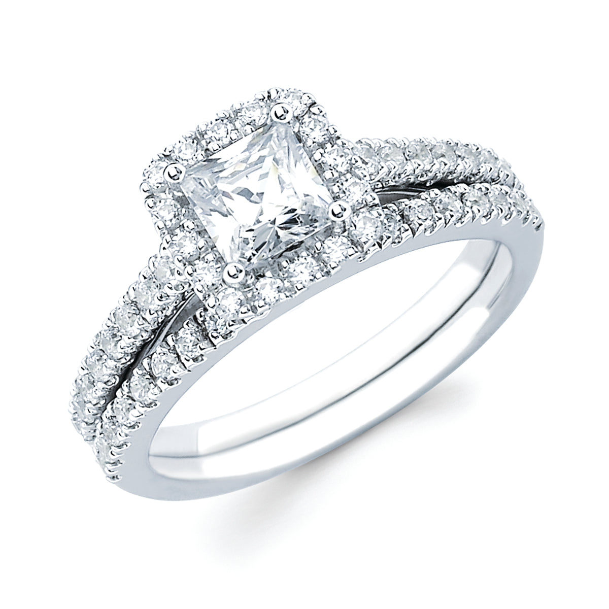 Halo Bridal: 1/3 Ctw. Diamond Halo Semi Mount available for 3/4 Ct. Princess Cut Center Diamond in 14K Gold
