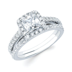 Halo Bridal: 3/8 Ctw. Diamond Halo Semi Mount available for 1 Ct. Princess Cut Center Diamond in 14K Gold