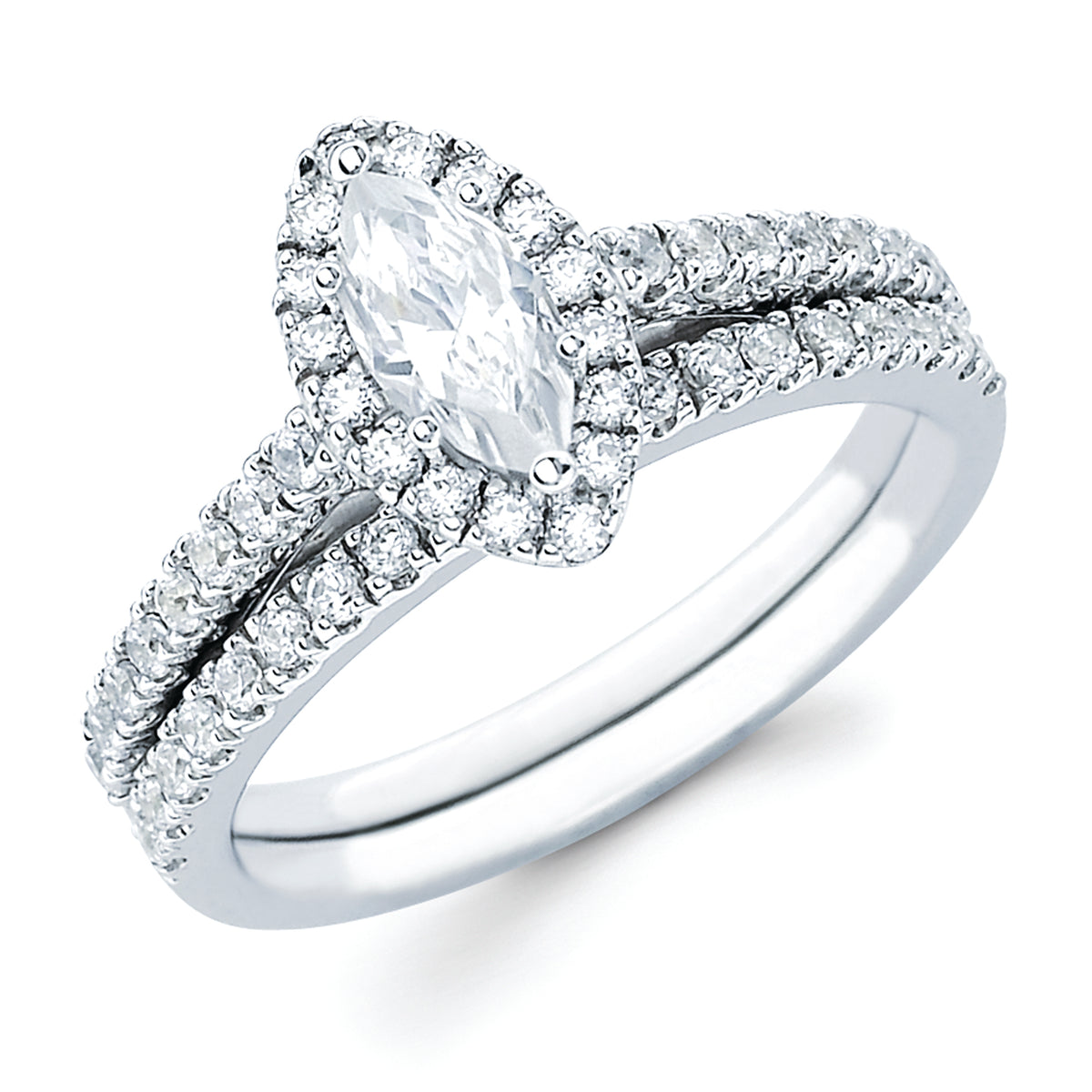 Halo Bridal: 1/3 Ctw. Diamond Halo Semi Mount available for 1/2 Ct. Marquise Cut Center Diamond in 14K Gold