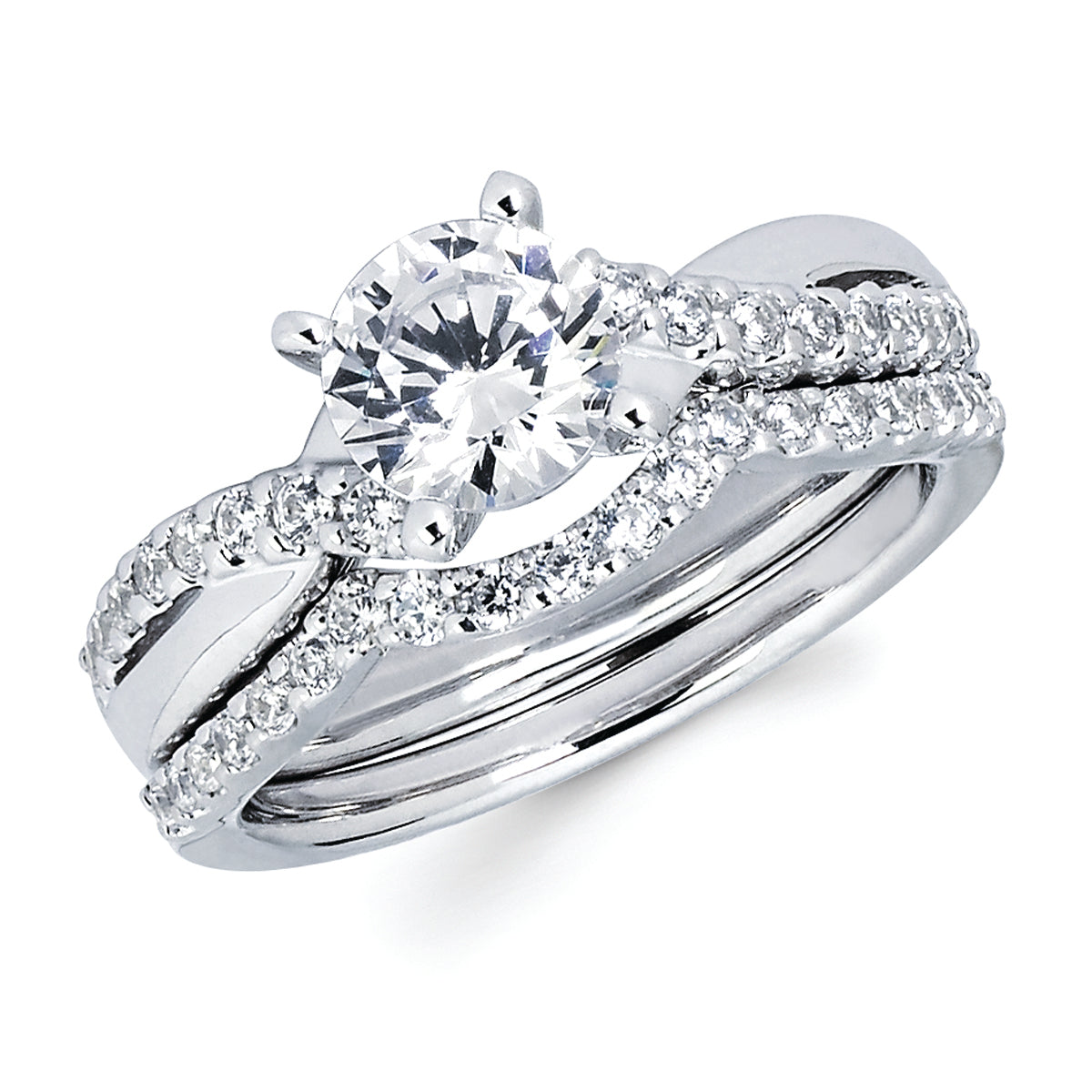 Modern Bridal: 1/5 Ctw. Diamond Semi Mount shown with 1 Ct. Round Center Diamond in 14K Gold