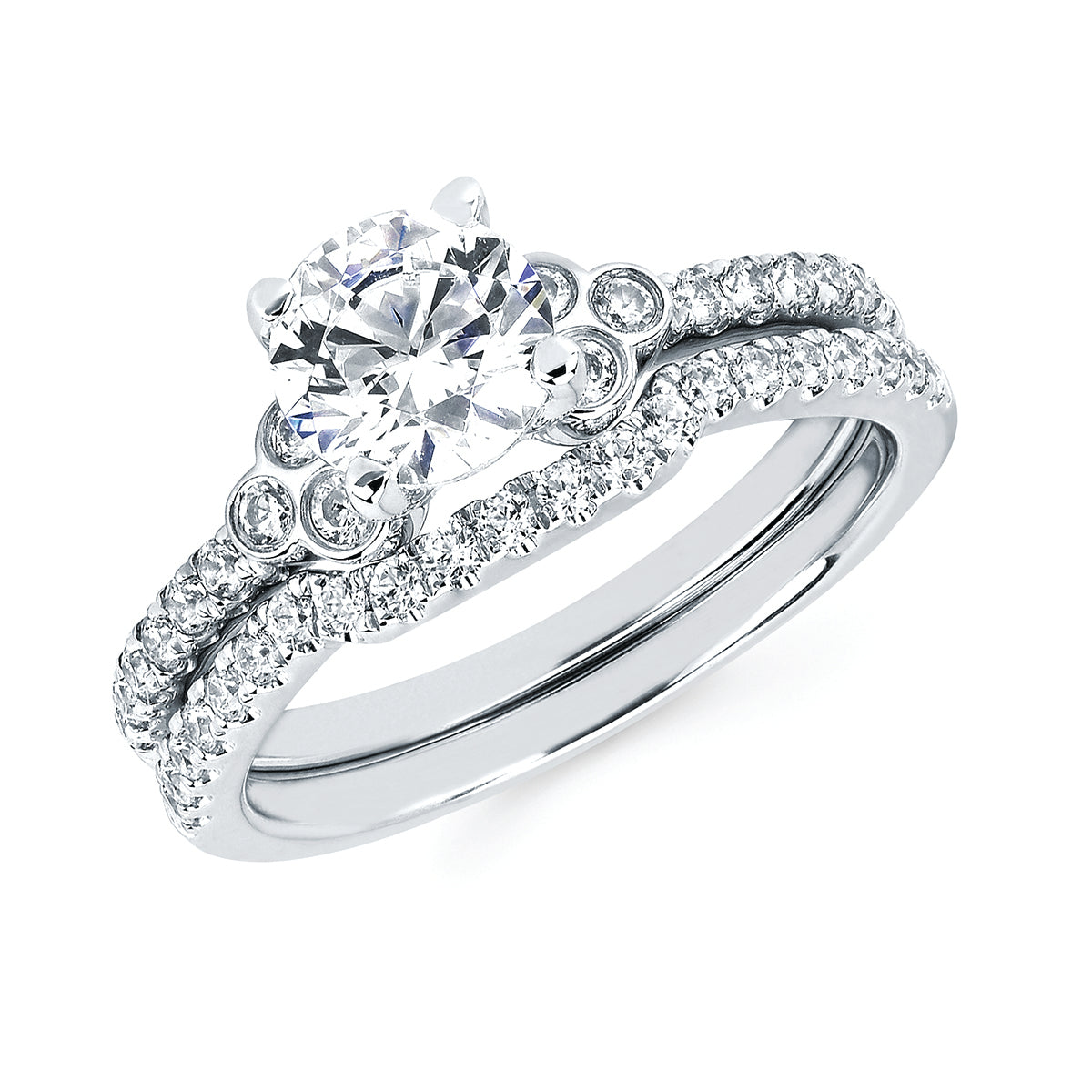 14K White Gold Diamond Engagement Ring with Bezeled Accents