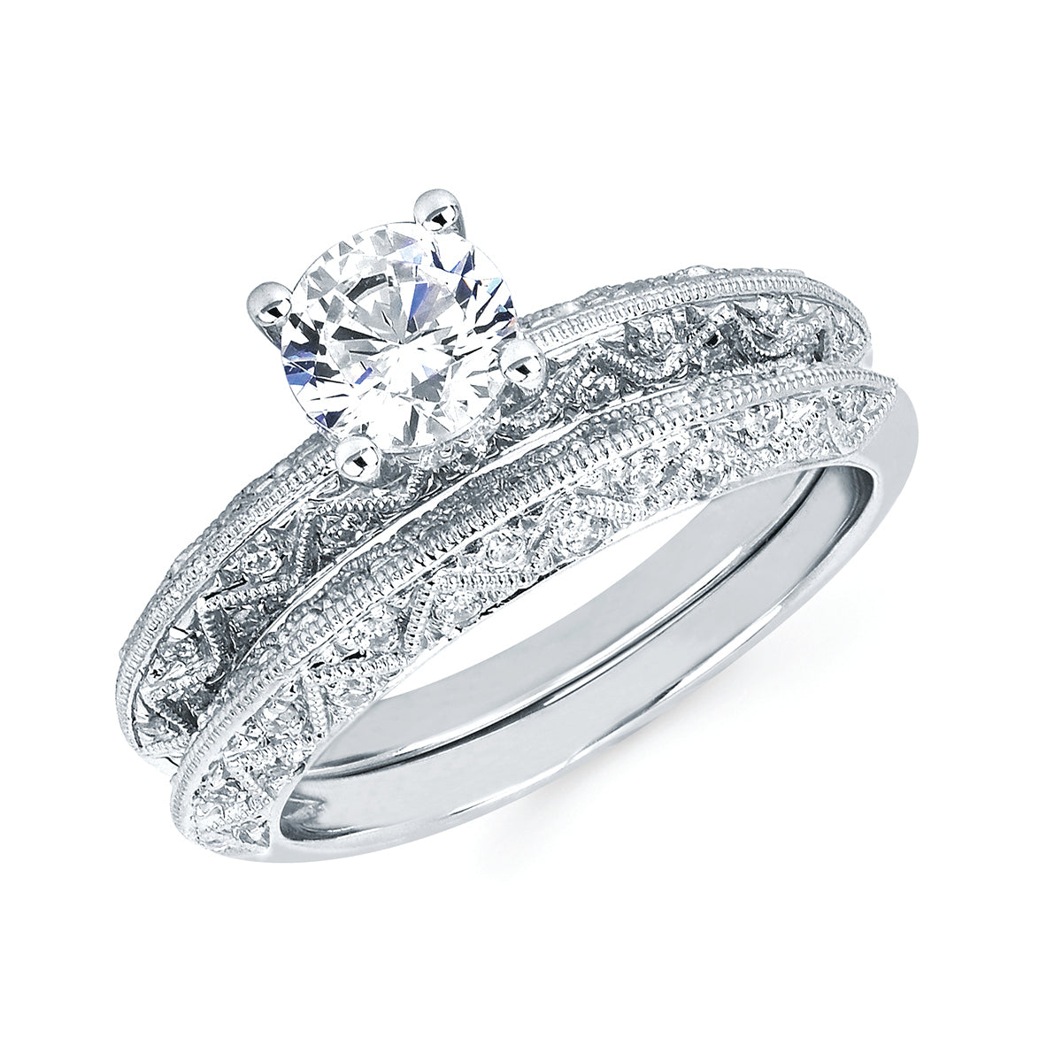 14K White Gold Round Brilliant Diamond Milgrain Engagement Ring (Semi-Mount)